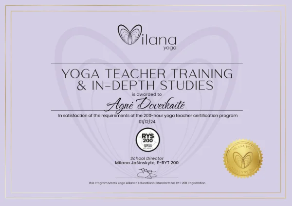 Agnės Doveikaitės Yoga Alliance RYT 200 sertifikatas iš Milana Yoga mokyklos.