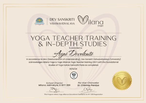 Agnės Doveikaitės RYT 200 Jogos Mokytojos Sertifikatas iš Milana Yoga ir Dev Sanskrti Vishwavidyalaya.