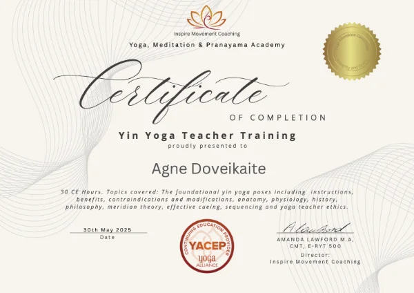 Agnės Doveikaitės Yin Jogos Mokytojos sertifikatas iš Inspire Movement Coaching.